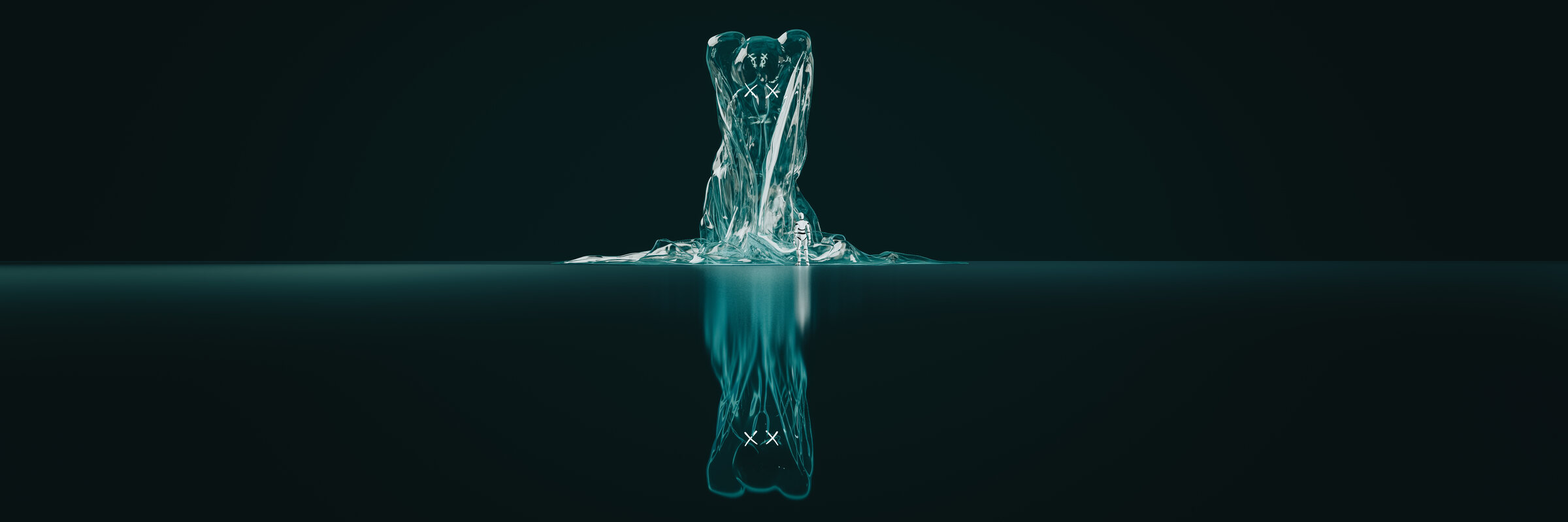 A translucent soft-body figure slumping into dark still water, a small robot standing at its foot, both mirrored below the surface.