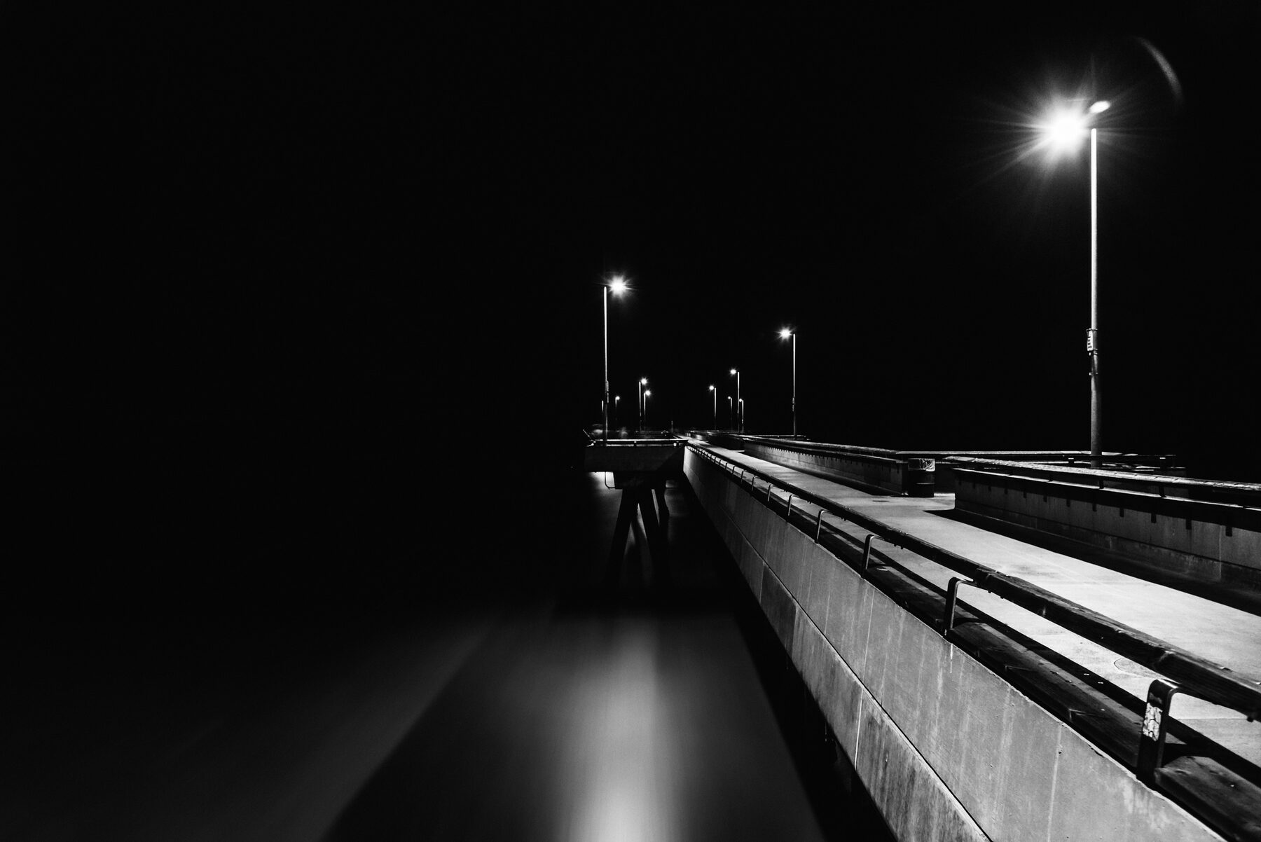 A pier railing at night, a line of lamps leading out into darkness, in black and white.