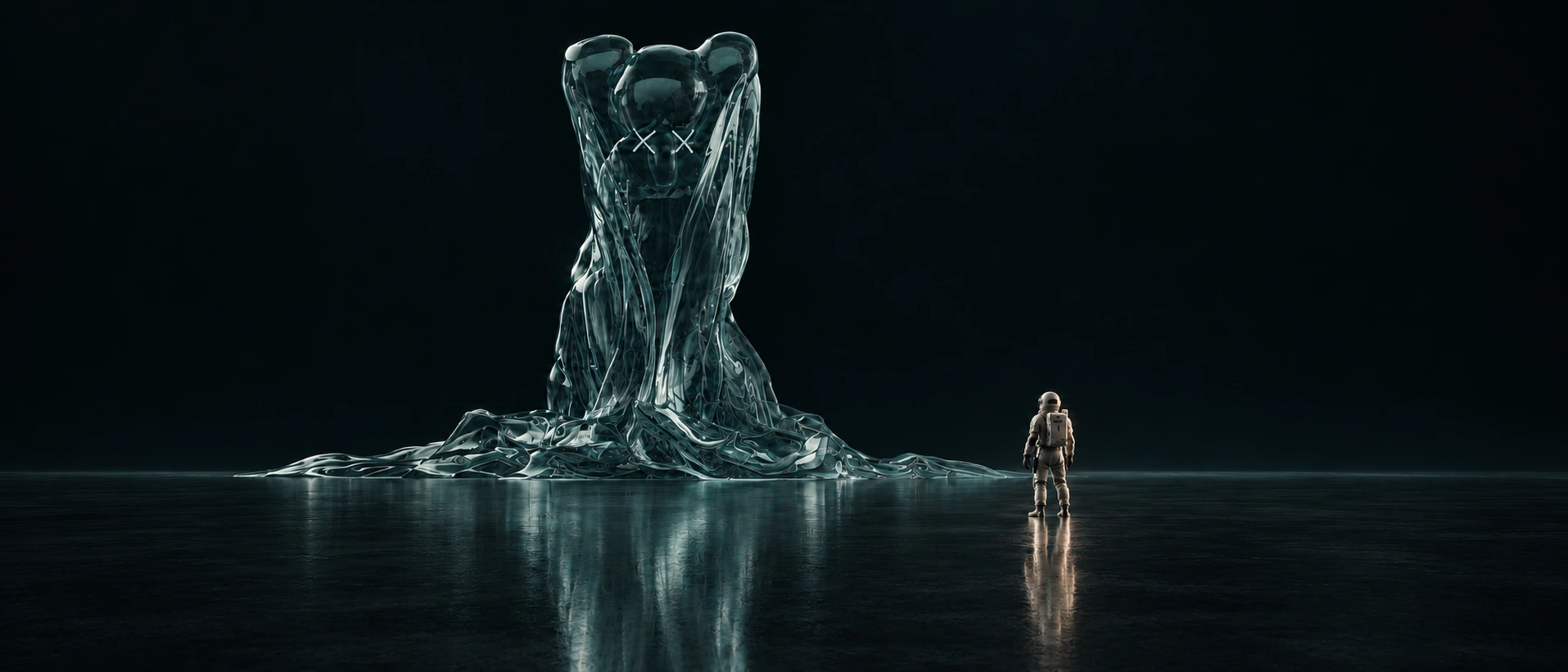 A towering translucent figure with crossed eyes rises above dark teal water, with a small astronaut standing to its right and both reflected below.