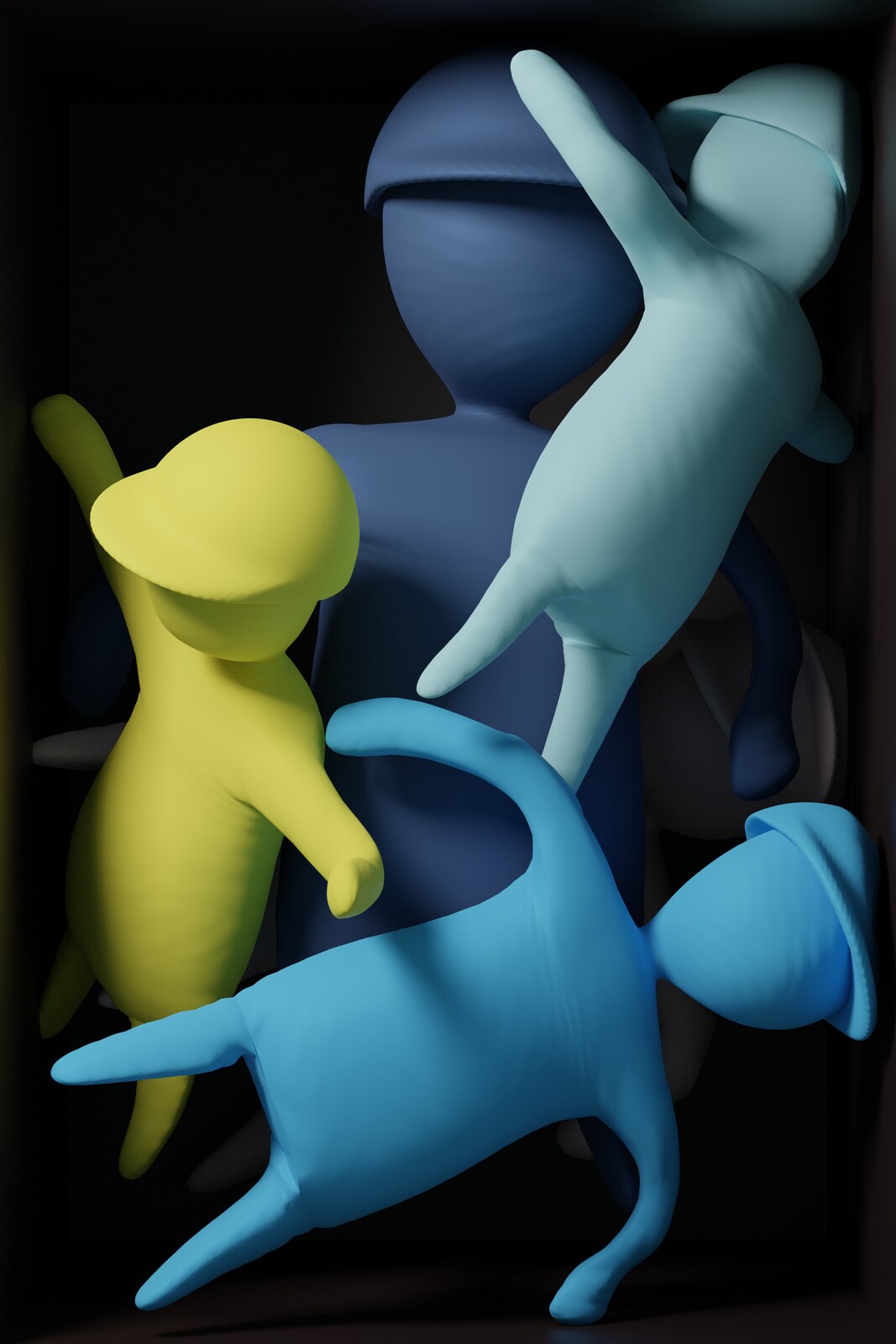 Soft coloured figures tumbling over one another inside a dark box.