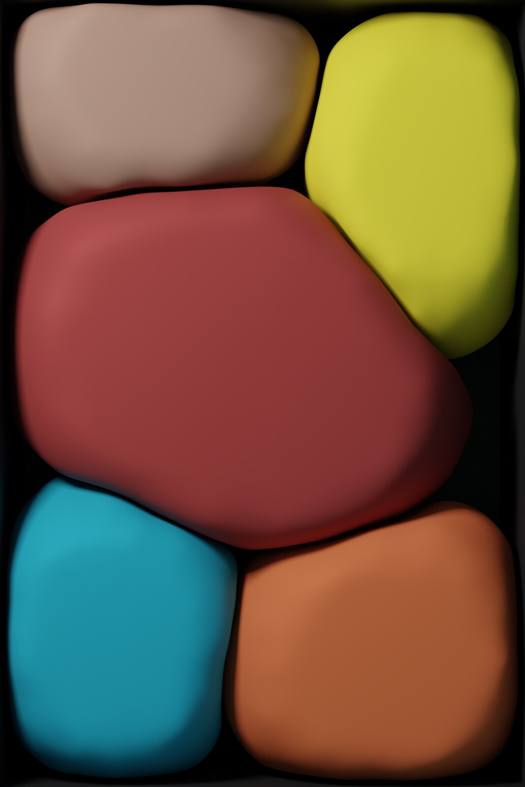 Rounded coloured blobs pressed flat against each other, filling a dark frame.