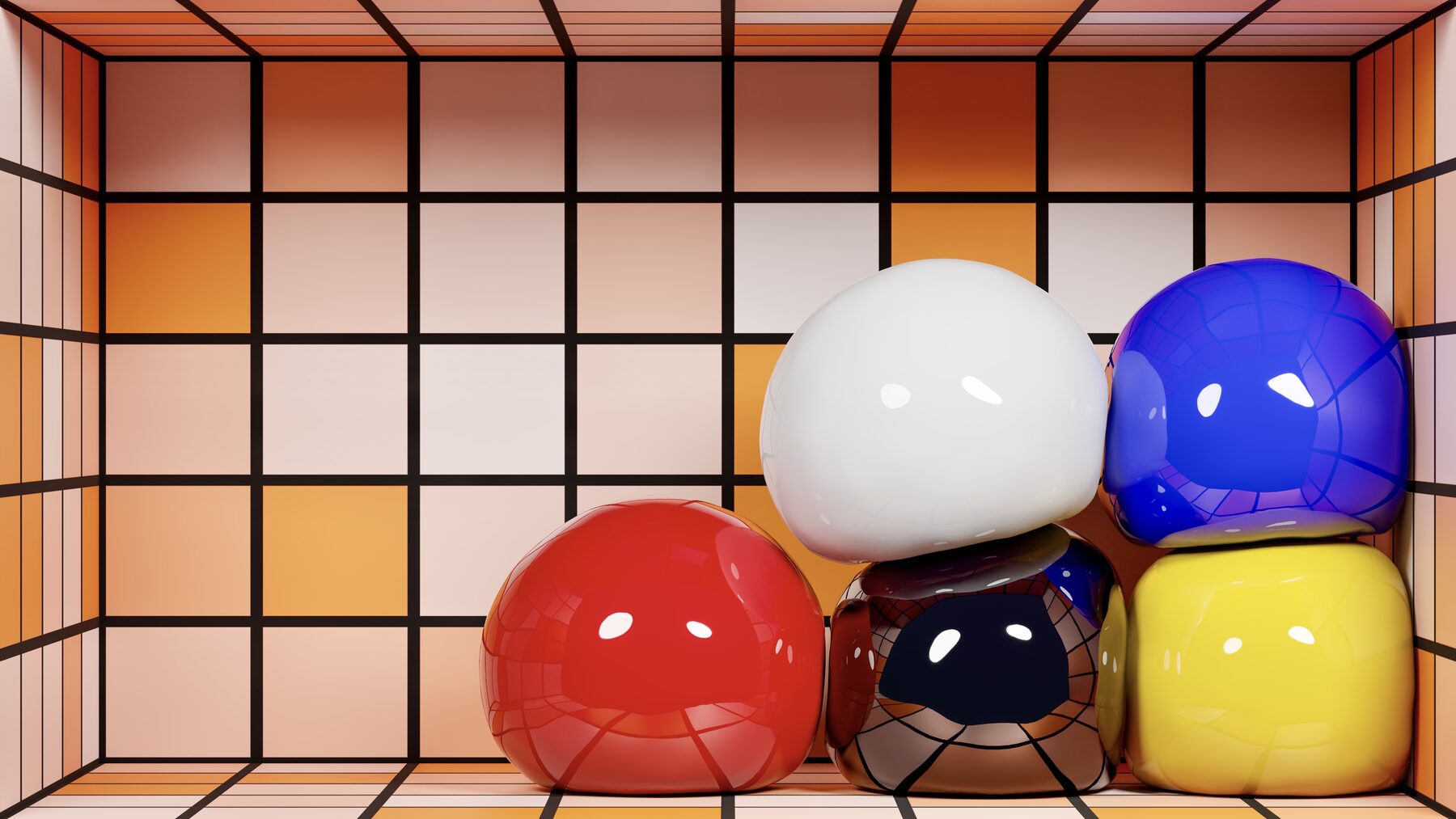 The same soft spheres stacked in a room tiled in orange and white.