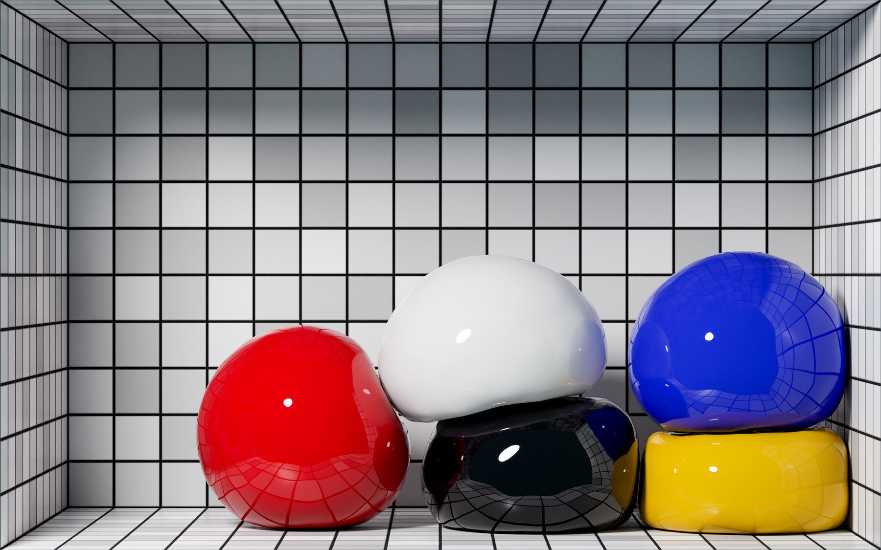 Glossy red, white, black, blue and yellow soft spheres settled in a white tiled room.